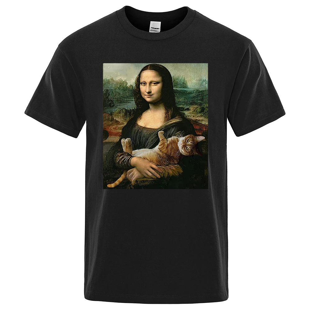 

Funny Mona Lisa And Cat printing T-Shirts Men Summer Breathable Short Sleeve O-Neck Brand Tops Loose Oversized Tee Clothing Man