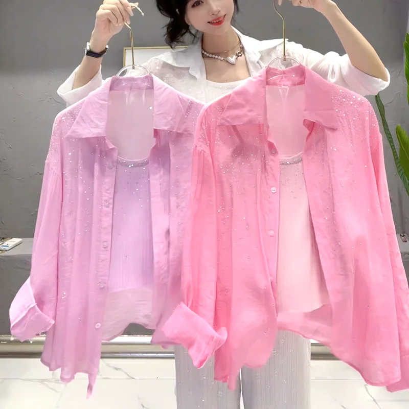 

Candy Color Casual Shirt for Women Heavy Embroidery Hot Drilling Color Diamond Strap Long Sleeve Top Two-Piece Seit Fashion