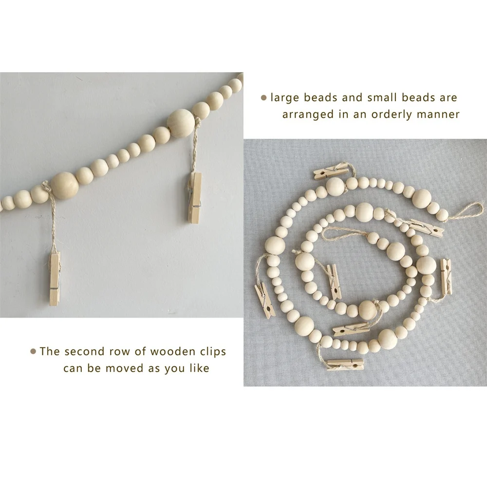 

Handmade Wood Drawstring Photo Hanger Clips String Collage Display Rack Clip Photo Hanging Wall Photo Frame Wooden Bead String