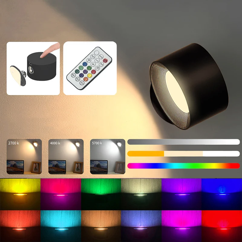 

Настенный светильник, цветная магнитная лампа RGB с дистанционным управлением, с USB-зарядкой, прикроватная лампа для спальни, чтения