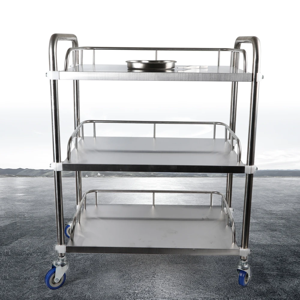 

Medical Lab Hospital Stainless Steel Three Layers Trolley Dental Clinic Serving Cart with Lockable Wheel