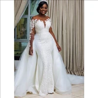 south african mermaid wedding dresses detachable overskirt sheer neck off shoulder long sleeves bridal wedding gowns