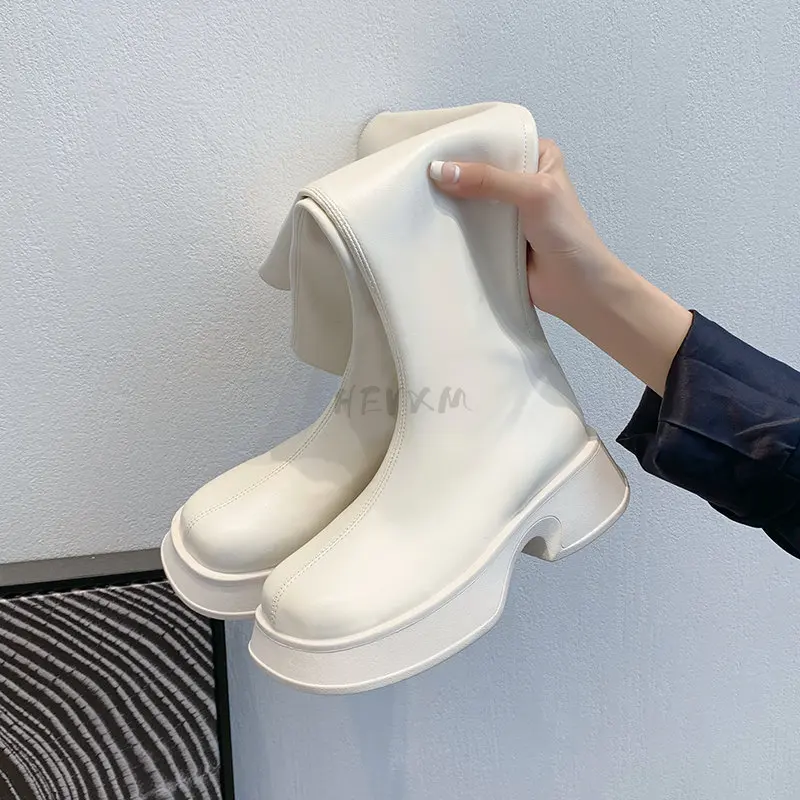 Boots 2023 Autumn Winter New Leather Thick Soled Riding Women's Chelsea Ytmtloy Knee High Square Toe Botines De Mujer Rubber