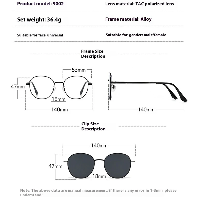 VCKA 3 IN1 Big Frame Myopia Round Sunglasses 2025 NEW Men Women Magnetic Clip Prescription Polarized Optics Glasses -0.50 to -10