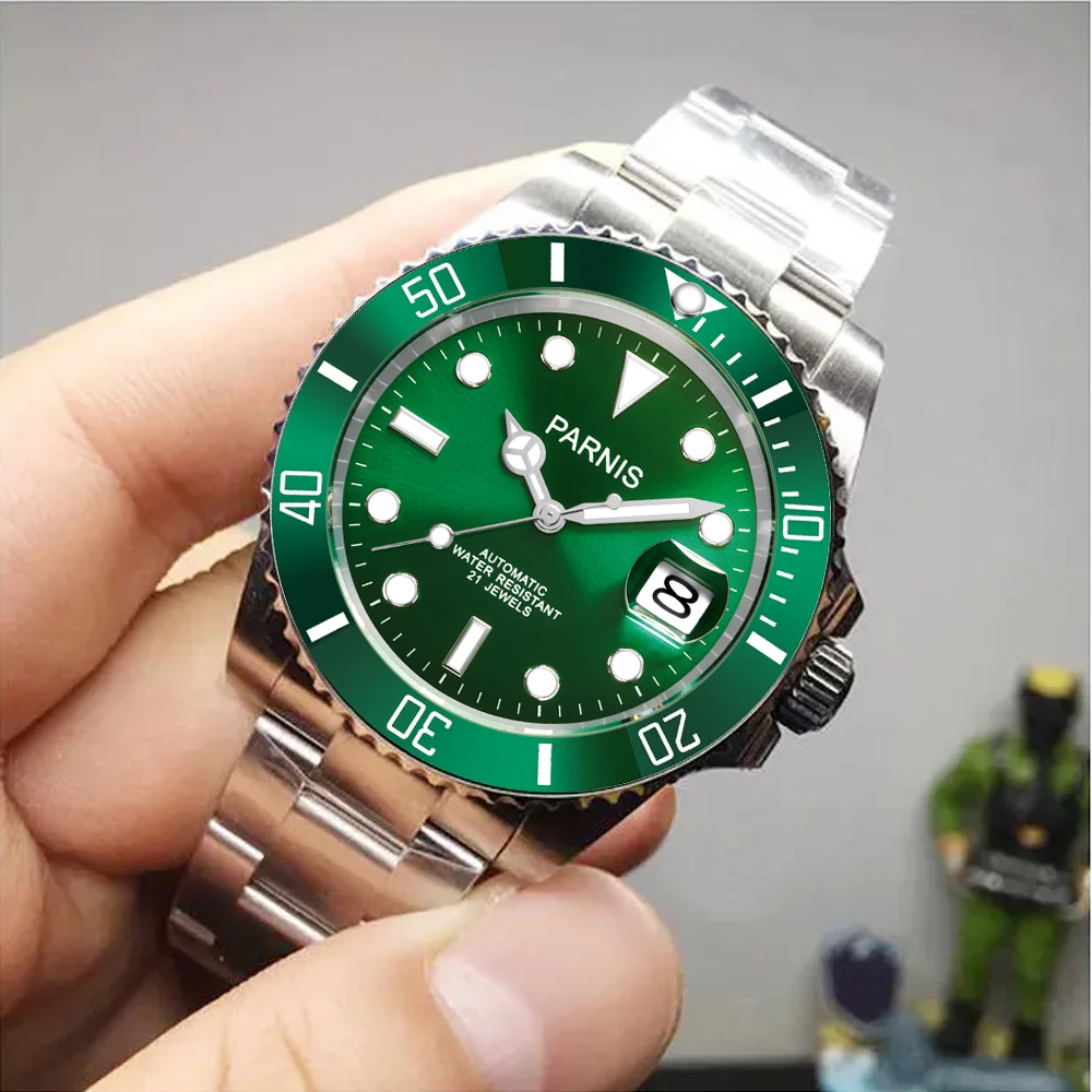 

Fashion Parnis 40mm Green Dial Automatic Mechanical Man Watch Calendar Sapphire Glass Luxury Waterproof Watches For Men relojes