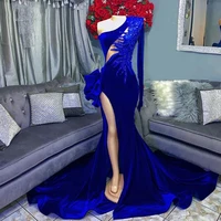 gorgeous royal blue mermaid evening dresses velour one shoulder long sleeve sexy slit red carpet dress for party robes de soiree