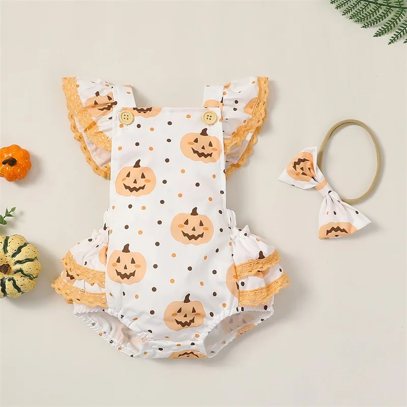 

0-18M Baby Girl Newborn Halloween Jumpsuit Set Cartoon Pumpkin Print Flying Sleeves Jumpsuit Suspender + Bow Headband