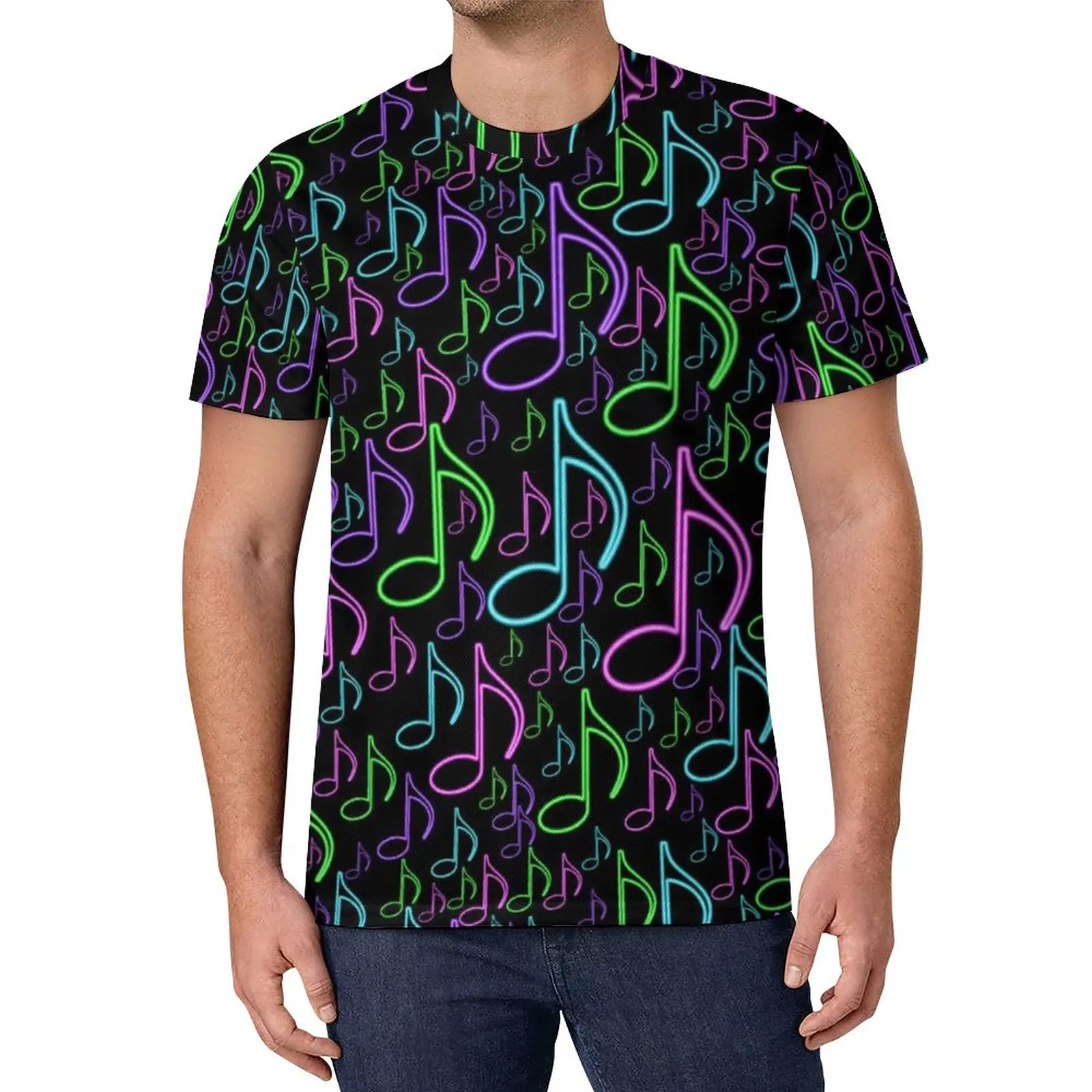 

Colorful Music T Shirt Eighth Notes Random Print Novelty T Shirts Awesome Tee Shirt Summer Short-Sleeved Pattern Top Tees