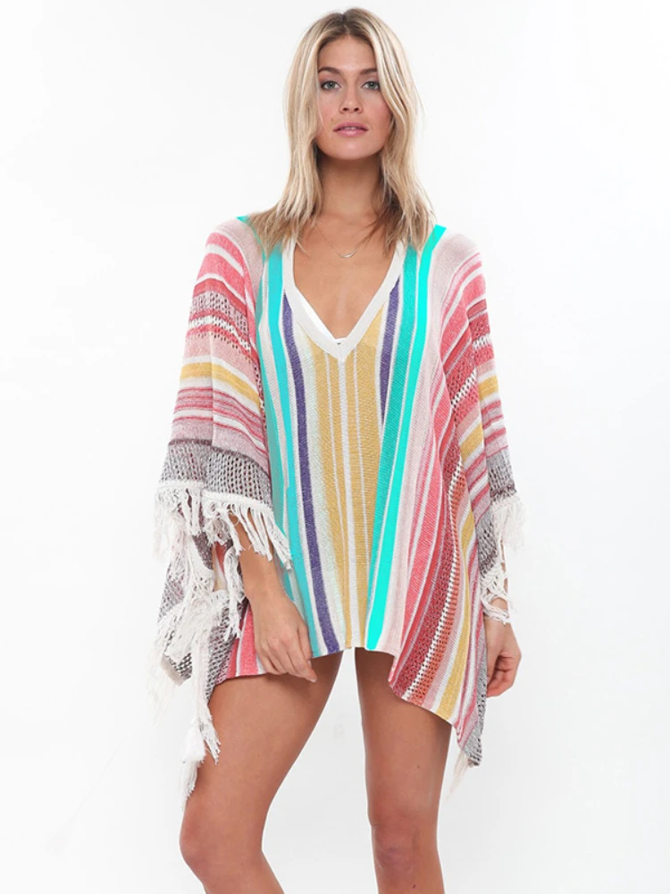 

Knitted Beach Tunic Colorful Tassel Dress V Neck Bikini Cover Up Swimsuit Cape Batwing Sleeve Summer Bathing Suit Beachwear