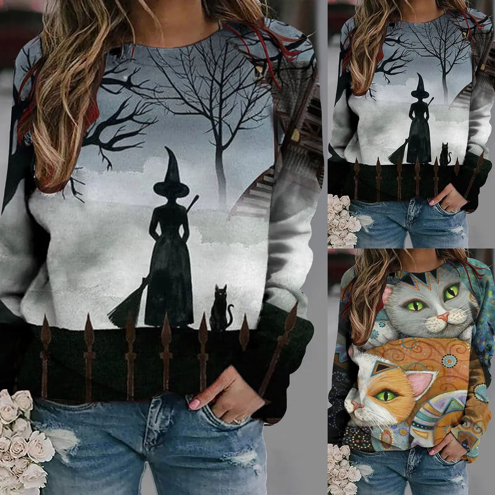 

Женский Повседневный пуловер с длинным рукавом и принтом скелета