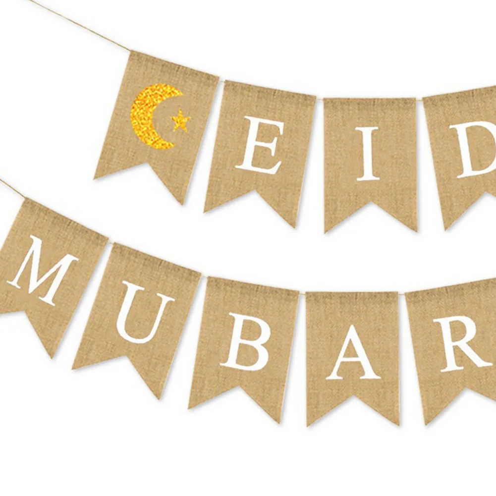 

Eid Mubarak Banner 2023 Muslims Ramadan Mubarak Decorations Linen Hanging Flag With Ropes Islam Home Decors Party Supplies