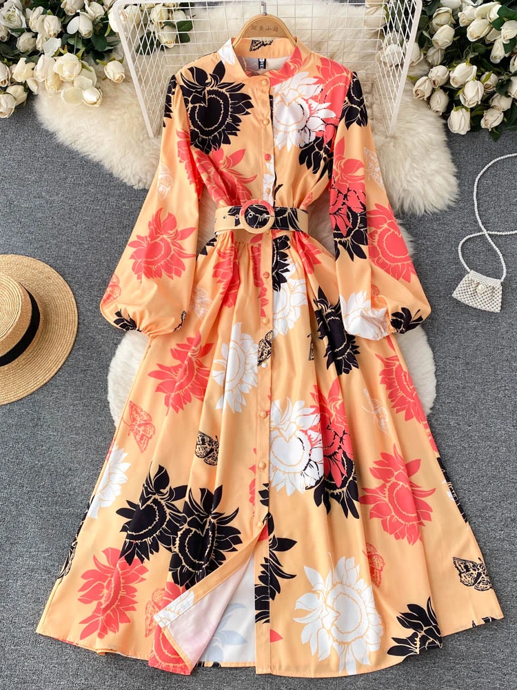 

Aibeautyer New Casual Summer Floral Print Slim Button Full Lady Dress A Line Stand Collar Chiffon Single Breasted Women Dresses