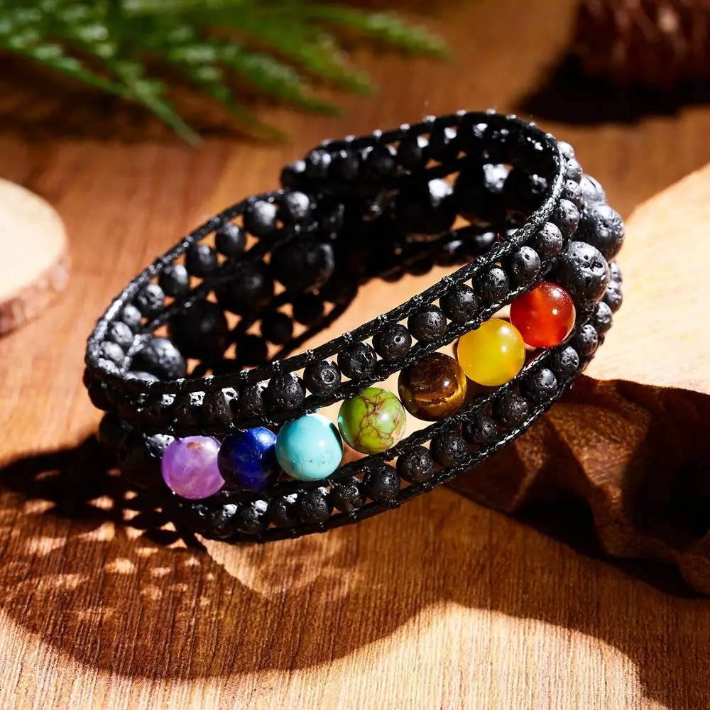 

Handmade Colorful Seven Chakras Natural Stone Beads Vintage Multi Layer Braid Wrap Rope Chain Bracelet For Women Boho Jewelry