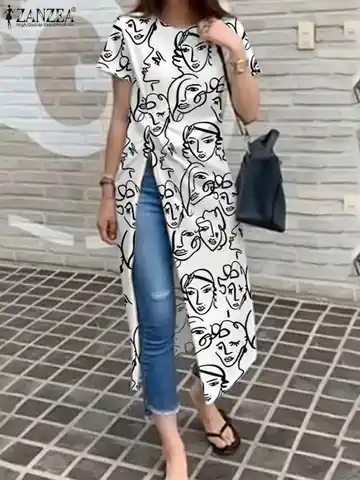 Women's Summer Blouse ZANZEA Fashion Short Sleeve Tops 2023 Casual Printed Long Shirts Irregular Slit Camisas Oversized OL Tunic