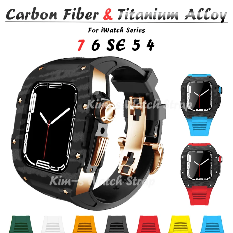 Carbon Fiber Titanium Alloy Case Modification Kit for Apple Watch 7 45mm Fluorine Rubber Strap for iWatch 6 SE 5 4 44mm Band Set