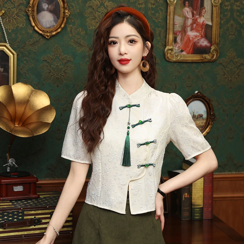 Новая летняя женская рубашка с коротким рукавом и воротником-стойкой шифоновая