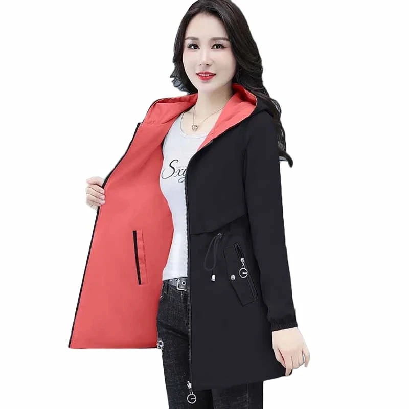 Double-Sided Trench Coat Women 2022 New Spring Autumn Clothes Hooded Large Size Long Windbreaker Jacket Female Outerwear Tops images - 6