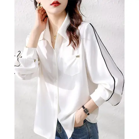 Office Ladys Simple Dvanced New Korean Fashion Shirts Women Clothing Blouses Temperament Commuter Design Versatile Pockets Tops
