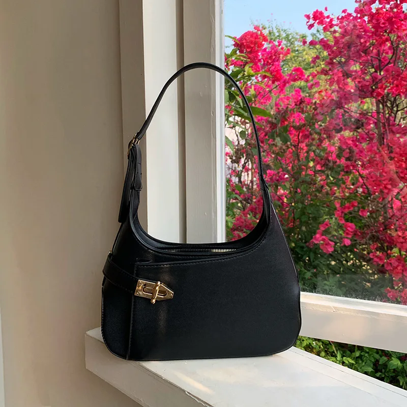 

Vintage Black Pu Leather Shoulder Bag for Women 2023 Designer Solid Color Soft Hobos Handbag Female Quality Underarm Bag Bolsos