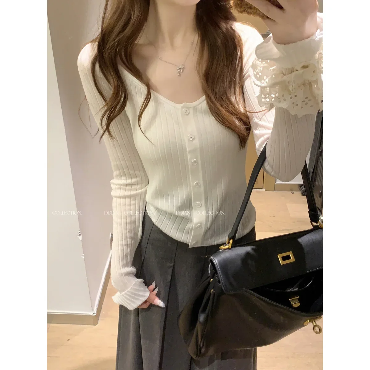 Осень 2024 однобортный кардиган в рубчик с квадратным воротником американском