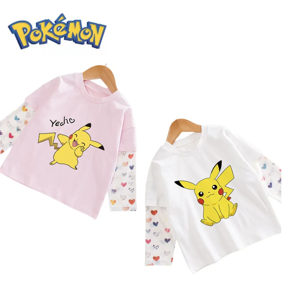 

Pokemon Anime Kawaii Pikachu Children Summer Pure Cotton Tops Round Neck Korean Version Sunscreen T-Shirt Fake Two Pieces Gift