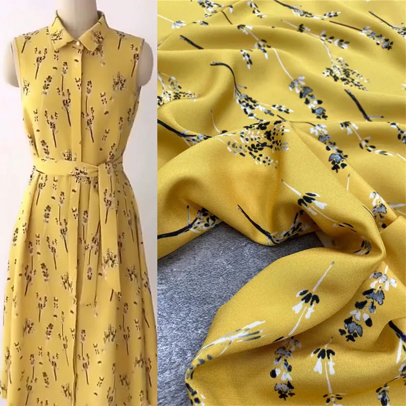 

Wheat Ear Flower Yellow 30mm Stretch Heavy Silk Fabric Fashion Light Luxury High-end Dress Shirt Garment Fabric 108 Width Sewing
