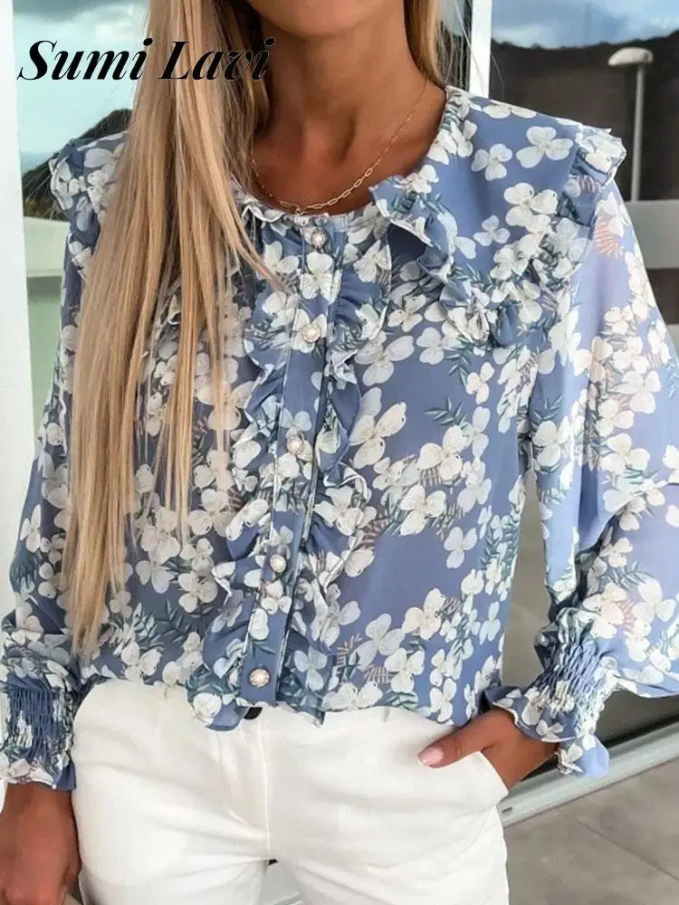 

Elegant Floral Print Pearl Buttons Tops Casual Ruffled Long Sleeves Chiffon Loose Shirt Ladies Sexy Crew Neck Thin Blouse Mujer