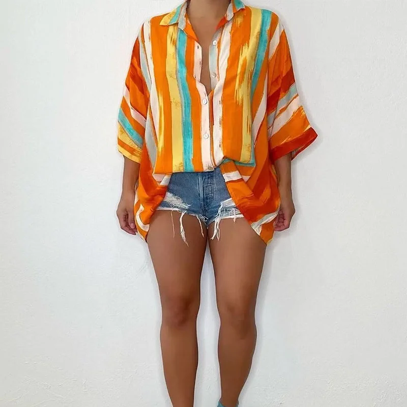 

WUHE Tie Dye Striped Batwing Three Quarter Sleeve Single Breasted Shirt Women Elegant Tops 2022 Summer Street Blouse