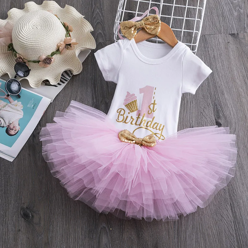 

1 Year Girl Baby Birthday Dress Summer New Cotton Kids Baby Clothes First 1st Birthday Christening Dresses For Toddler Girls