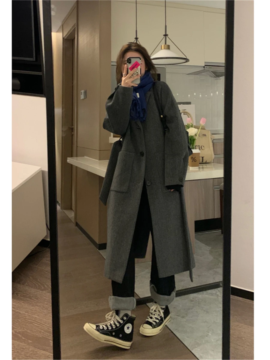 

Новинка 2022, зимняя женская куртка, длинное шерстяное пальто, модное повседневное теплое Свободное пальто с длинным рукавом, кашемировая вер...