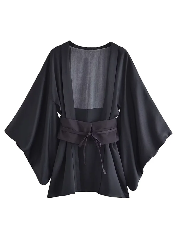 

PB&ZA Women New Fashion Belt Decorated Velvet Kimono Jacket Vintage Long Sleeve All-Match Casual Female Outerwear Chic Overshirt