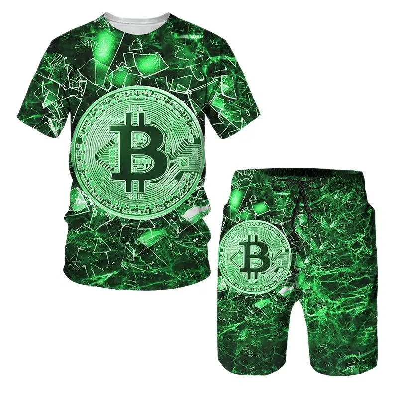 Summer Bitcoin Pattern Printing Men's T Shirt Loose O-neck Short Sleeve Top Casual Comfortable Shorts 2 Piece Outfit Clothing