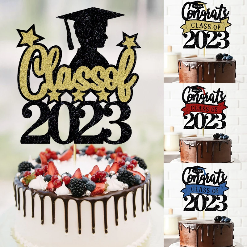 

Gold Glitter Class of 2023 Cake Topper Grad Graduation Party Decoration Black Gold Bachelor Hat Cupcake Toppers