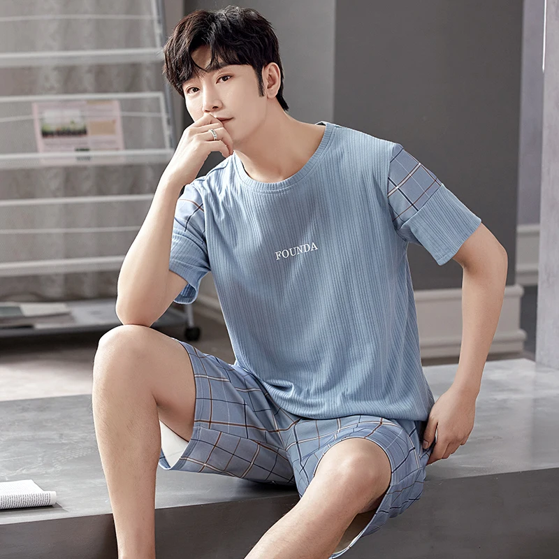 Summer Full Cotton Short Sleeved Men's Pajamas Sets Male Pajama Set Letter Pajama For Men Sleepwear Suit Homewear Big Yards 4XL