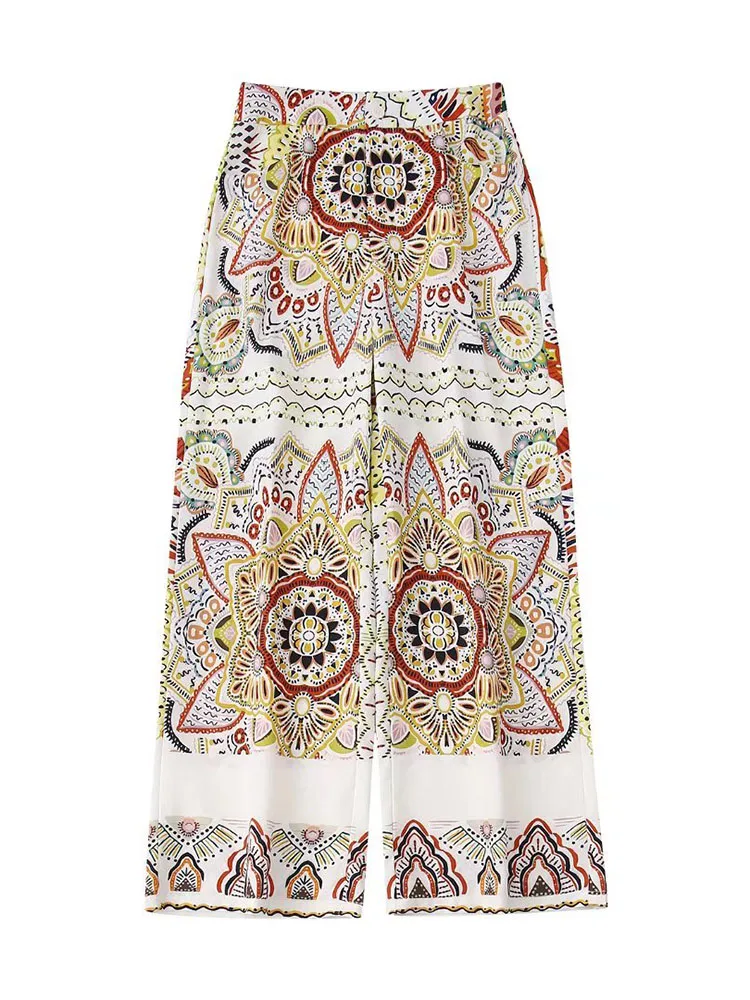 

YLJHQX Women Fashion Front Pockets Printed Straight Pants Vintage High Waist Zipper Fly Female Trousers Mujer