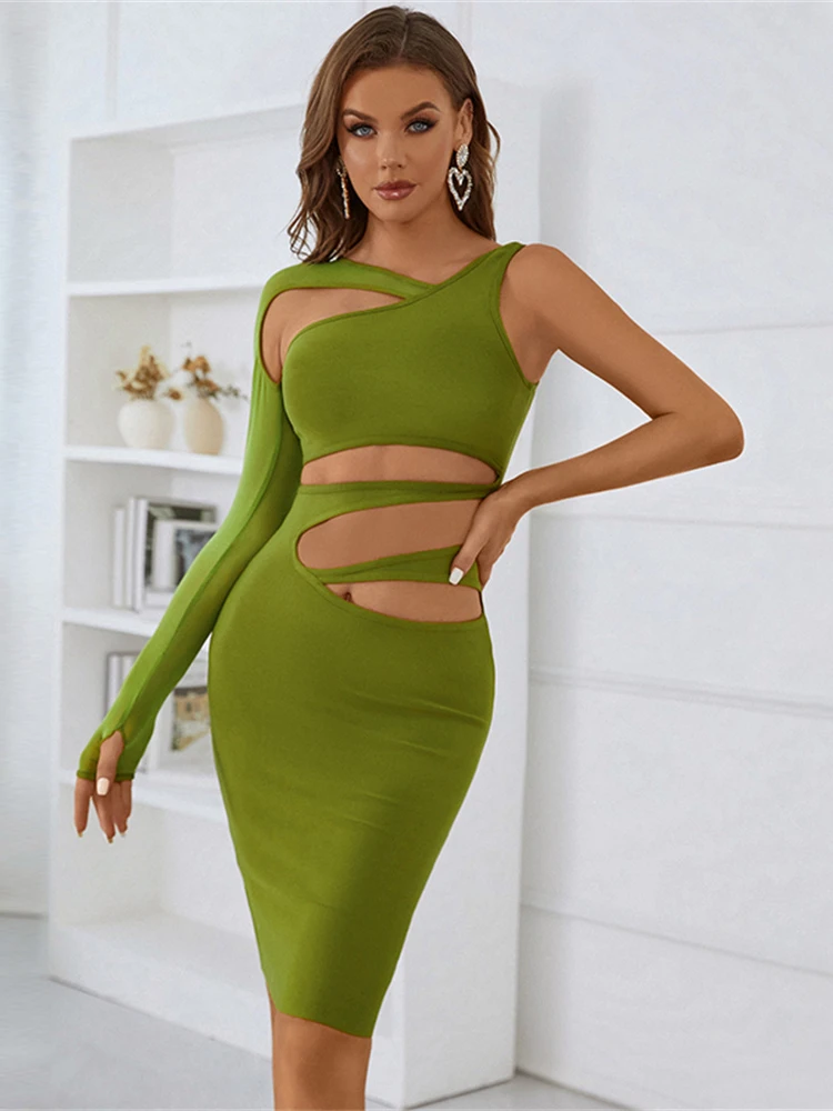 

Sexy Cut Out Bandage Dress 2022 Women Fashion Green One Shoulder Bodycon Dresses Summer Elegant Evening Club Party Dress Outfits
