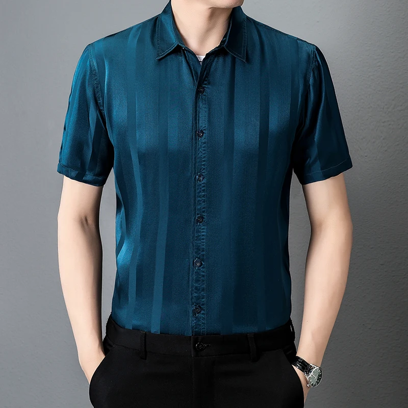 

2022 Summer White Striped Real Silk Shirt For Mens Short Sleeves Blouse Dark Blue Business Casual Husband Clothing Large Size