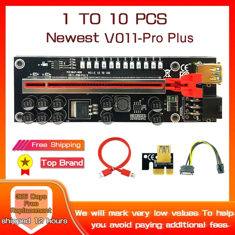 

1/5/10PCS Riser V011 Pro Plus USB 3.0 PCIE Riser For Video Card Riser PCI Express x16 Extender SATA to 6P Power Cable For Mining