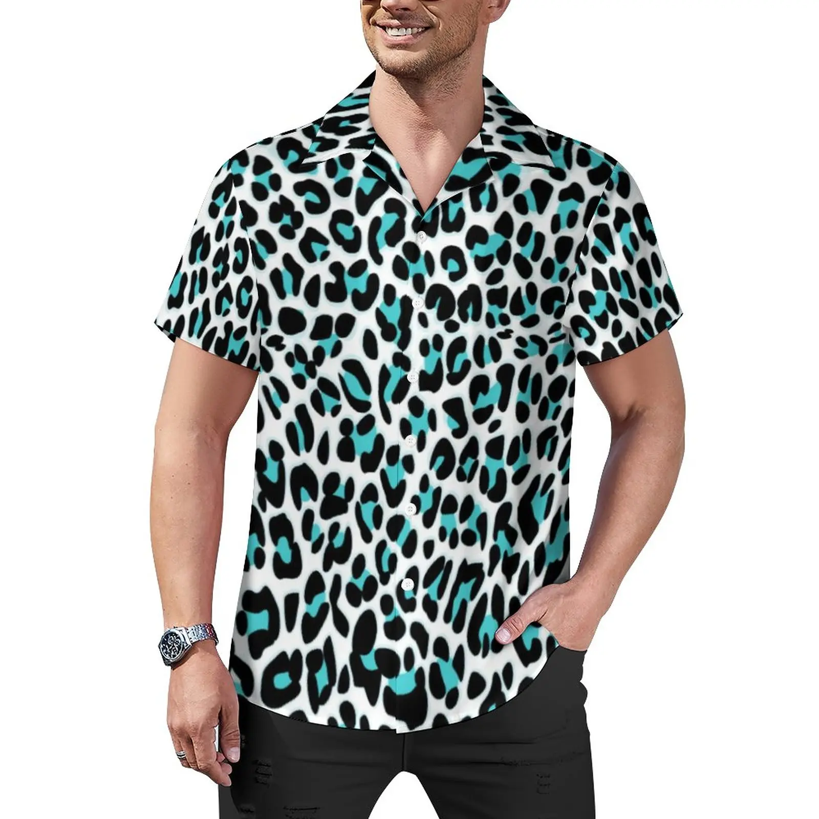 

Leopard Print Loose Shirt Male Beach Blue and Black Casual Shirts Hawaiian Printed Short Sleeve Retro Oversize Blouses