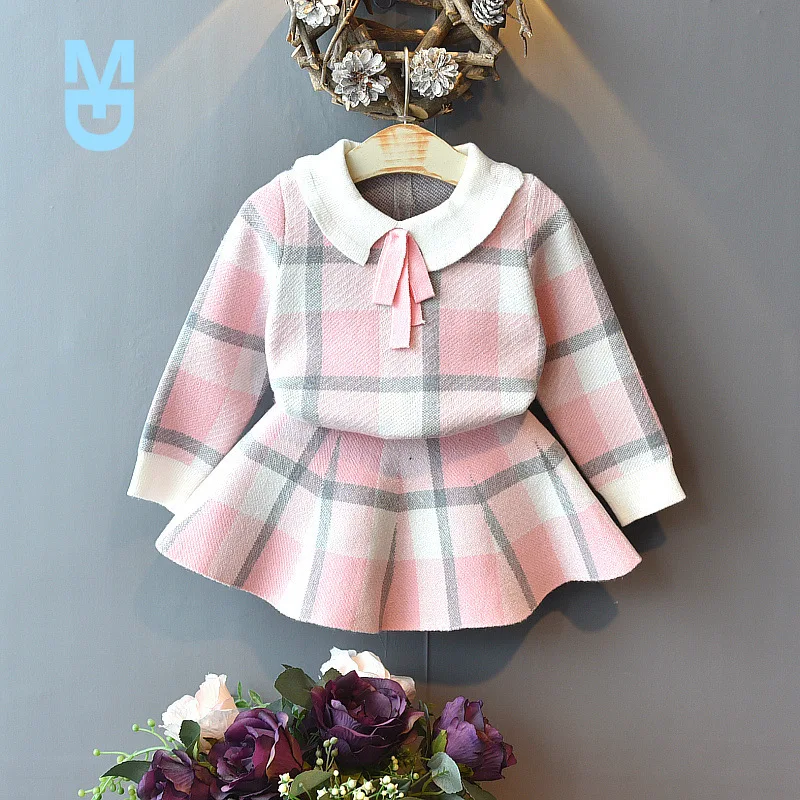 

New Fall Girls Sweaters Set 2021autumn Winter Long-sleeved Plaid Top & Skirt Two-piece Suit Baby Girl Sweater Toddler Girl