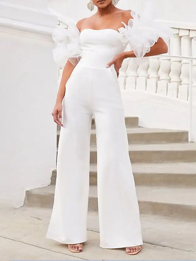 

Women's Jumpsuit Backless Ruffle Solid Color Off Shoulder Elegant Party Going out Regular Fit Short Sleeve White S M L Spring