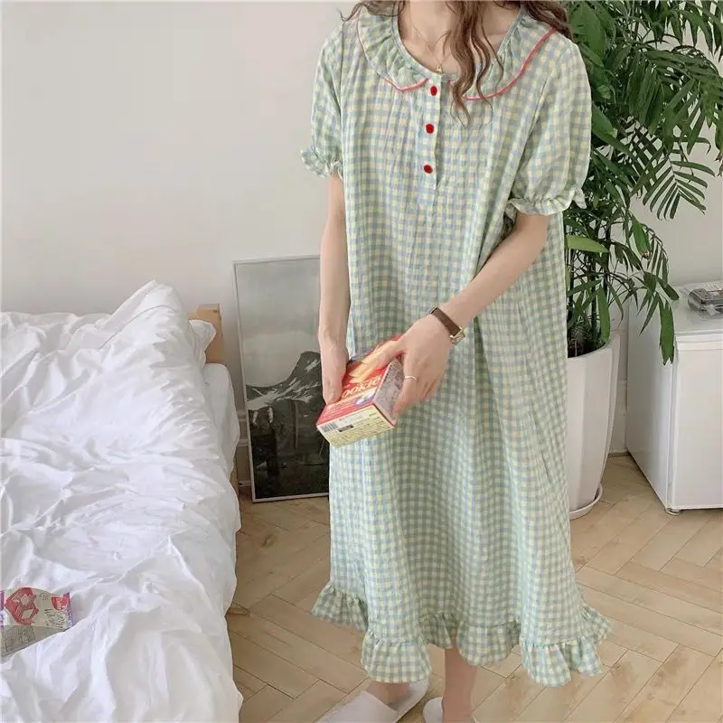 Yasuk Spring Summer Fashion Women's Casual Girl Print Plaid Lovely Pullover Sleepwear Pajamas Set With Skirt Nightdress