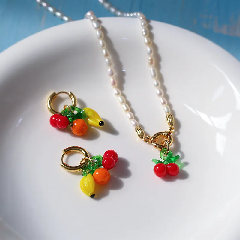 

Niche Simple Fashion Design Glazed Cherry Fruit Pearl Necklace Earrings