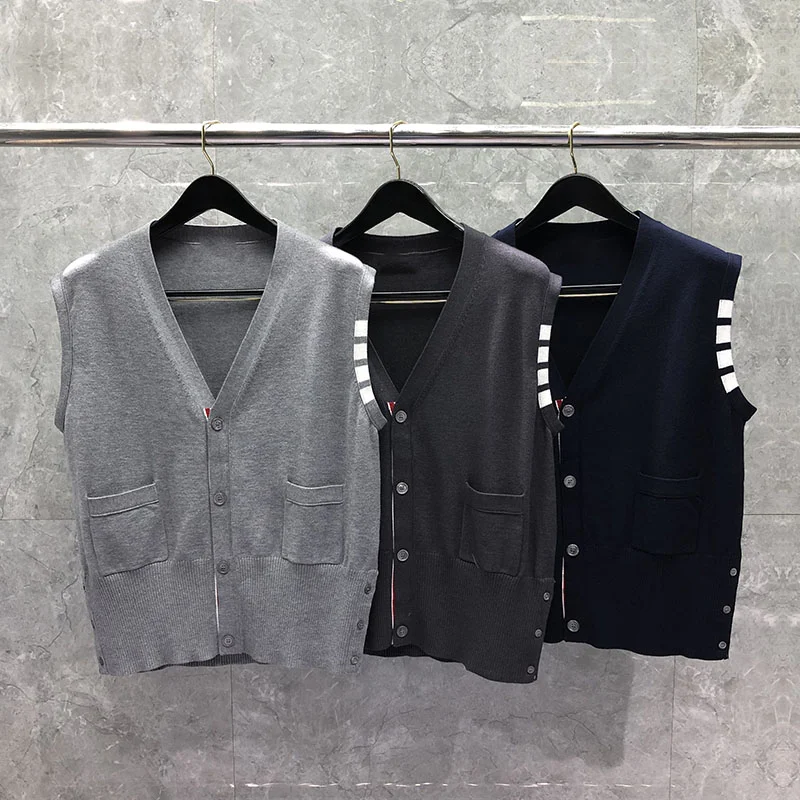 TB THOM Men's Sweater High Quality Designer Vests Classic White Stripes V-neck Cardigan Coats Casual Harajuku Sweater Vests Male