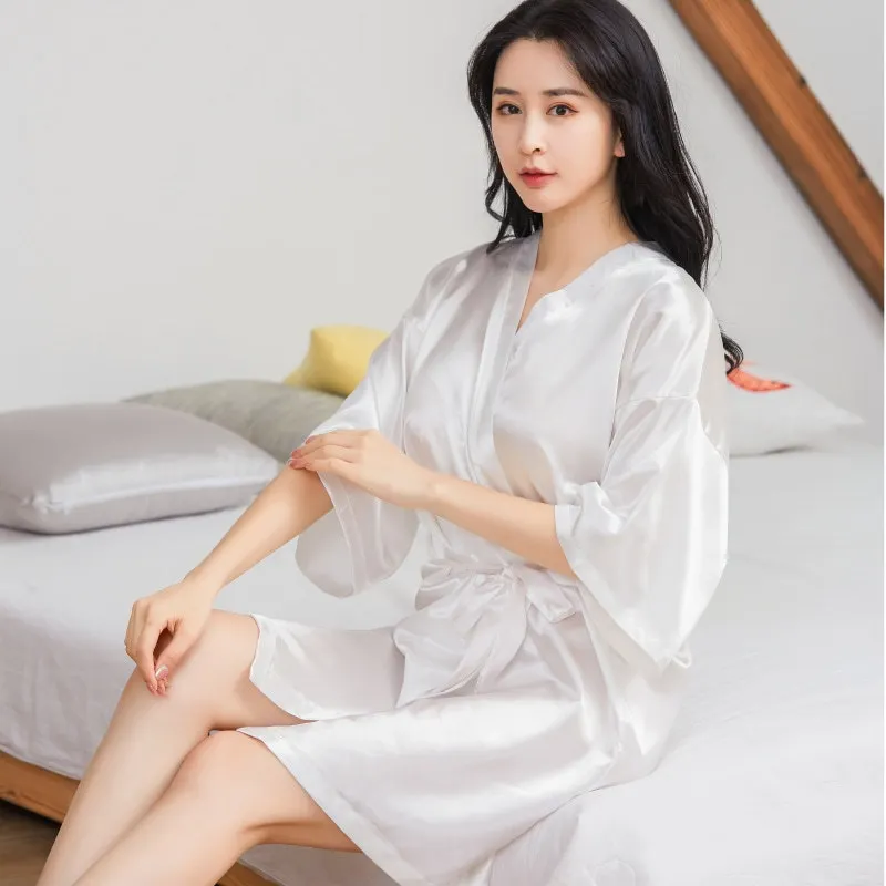 

Fashionable Artificial Silk Nightgown Morning Gowns Solid Color Thin Sexy Short Women's Bathrobe