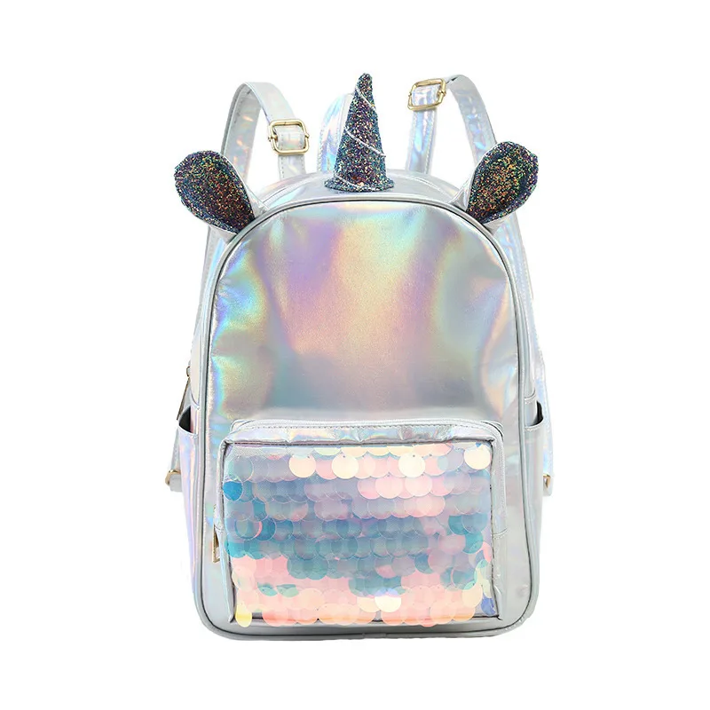 Unicorn Kids Bag For Girls Small Backpack Women  Silver Holographic Bag Sequin Women Bag Cartoon Laser Pu  Kawayi Bags Mochila