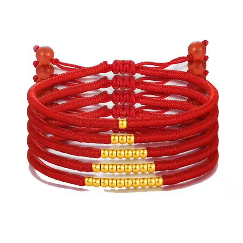 

Браслет POFUNUO с шариком из натурального 24-каратного золота 999 пробы, регулируемая красная веревка на удачу ручной работы для женщин, Изящные Ю...