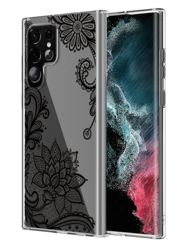 Прозрачный блестящий чехол для Galaxy S22 Ультра с цветочным кружевом Блестящий Твердый защитный чехол для Samsung S22U