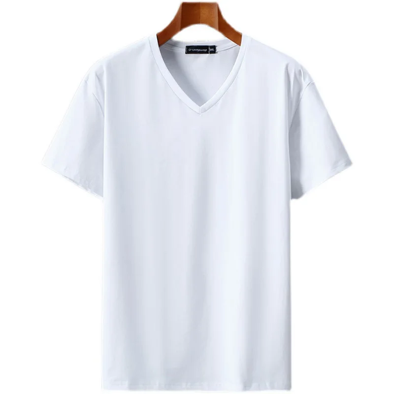 

10xl 9xl youth men short-sleeved T-shirt tide V-neck plus size summer Solid Color Lycra cotton t-shirt loose 160kg