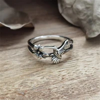 creative retro simple silver color plant animal ring female style hummingbird flower charm party engagement girl jewelry ring